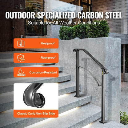 Handrails For Outdoor Steps, Fit 2 Or 3 Steps Outdoor Stair Railing, Arch 2 Wrought Iron Handrail, Flexible Porch Railing, Black Transitional Handrails For Concrete Steps Or Wooden Stairs