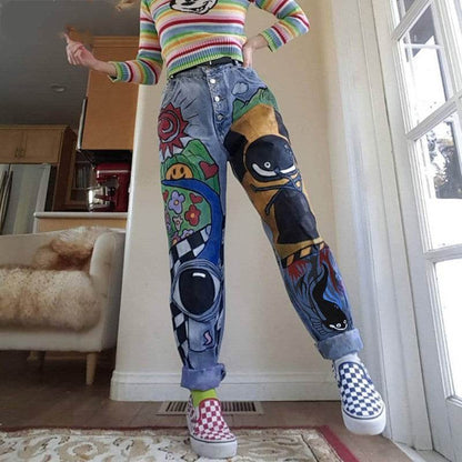 Cartoon Printed Jeans  Pants Trousers For Women