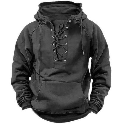 T-shirt à capuche rétro à lacets pour homme, manches longues, décontracté, style pull-over