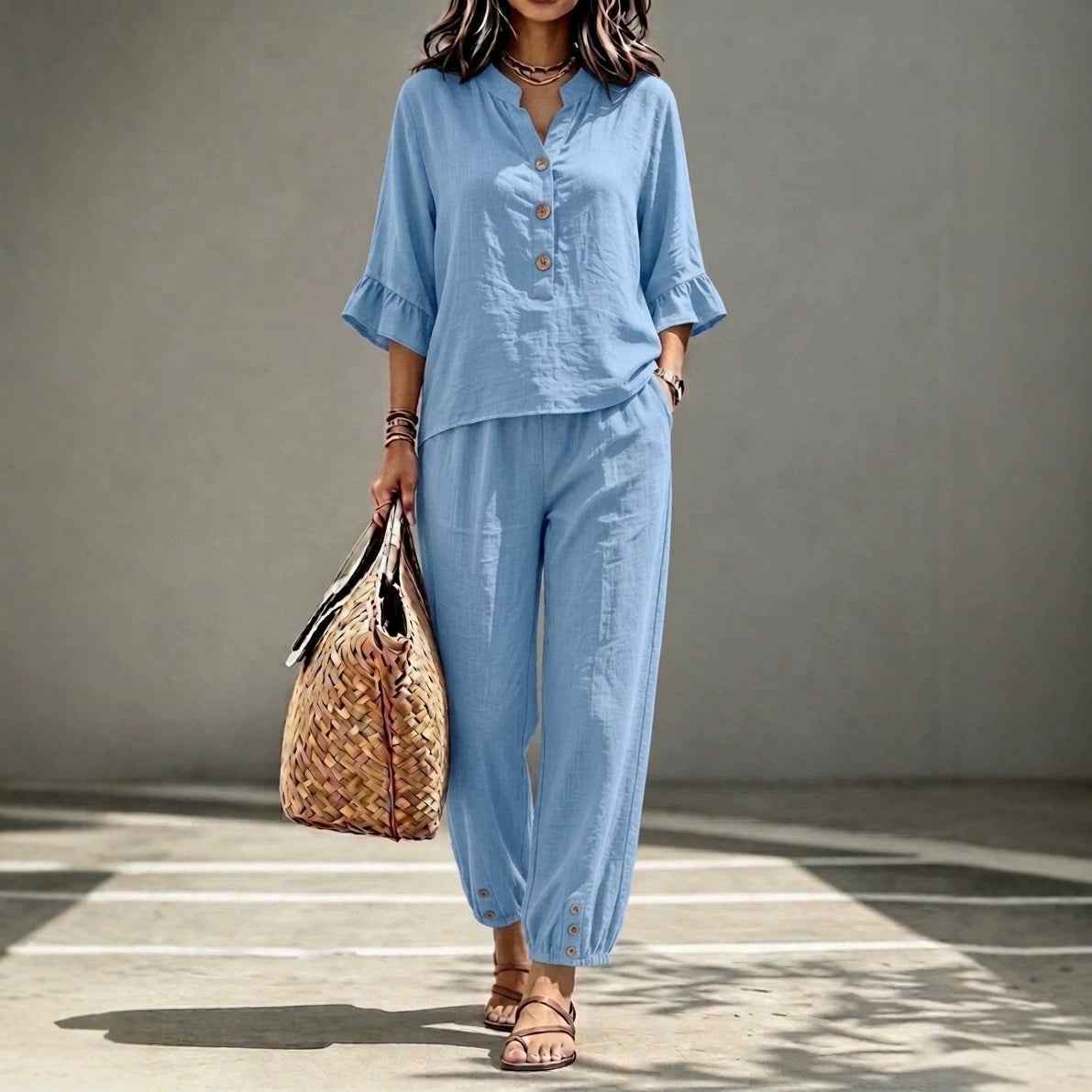 Women’s 2-Piece Casual V-Neck Top & Cropped Wide-Leg Pants Set – Retro Office Outfit