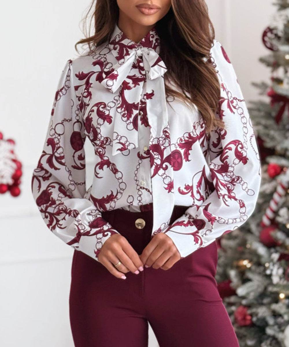 Printed Long Sleeve Bowknot Lining Business Office Formal Work shirt For Women