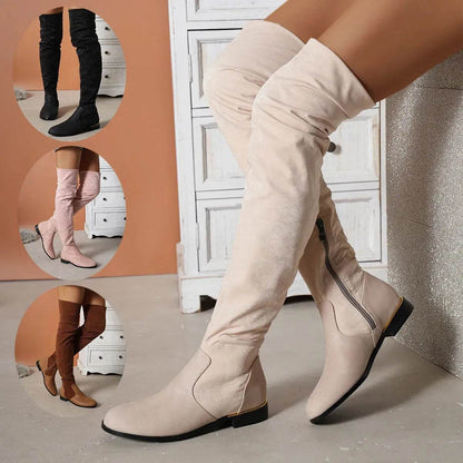 Bottes cuissardes pour femmes en suède avec coutures, talons bas, longues bottes avec fermeture éclair latérale, chaussures de fête hivernales