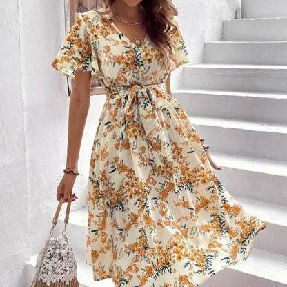 Robe mi-longue d'été décontractée bohème à manches courtes et col en V, avec ceinture à nouer et imprimé floral pour femme