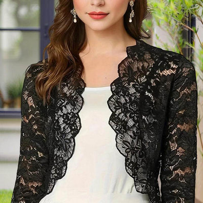 Women's Solid Color Cropped Lace Cardigan - Summer Fashion Medium-Long Sleeve Open Front Top