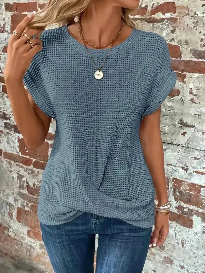 Chemise gaufrée décontractée d'été à manches courtes, Nouveau haut de soirée décontracté de couleur unie pour femme