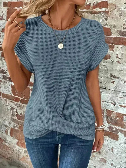 Chemise gaufrée décontractée d'été à manches courtes, Nouveau haut de soirée décontracté de couleur unie pour femme