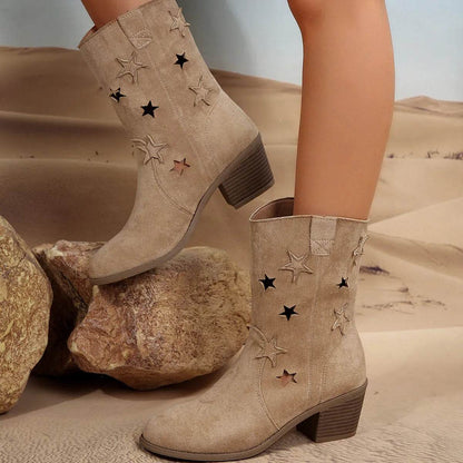 Bottes mi-mollet à motif étoiles évidées - Bottes western rétro à talon carré et bout pointu pour femme - Chaussures d'automne et d'hiver