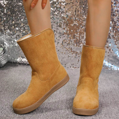 Bottes de neige pour femmes hiver chaud antidérapantes plates mi-mollet en velours et coton épais