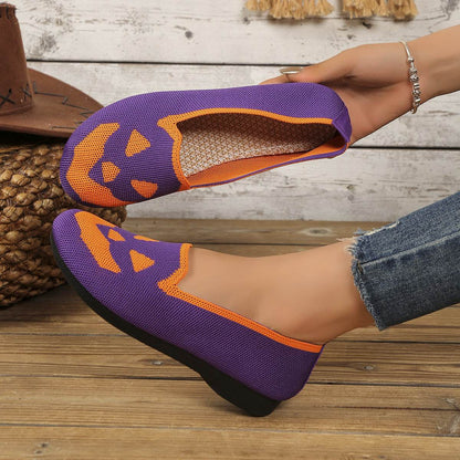 Women's Halloween Pumpkin Printed Breathable Flying Woven Shoes