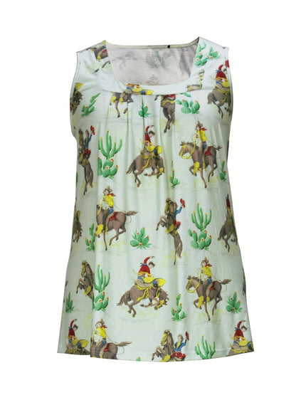 Plus Size Western Chic Vest Tank Top - Relaxed Fit, Medium Stretch, Random Cowboy Print, Square Neck, Pleated Design - Casual Polyester Top for All Seasons