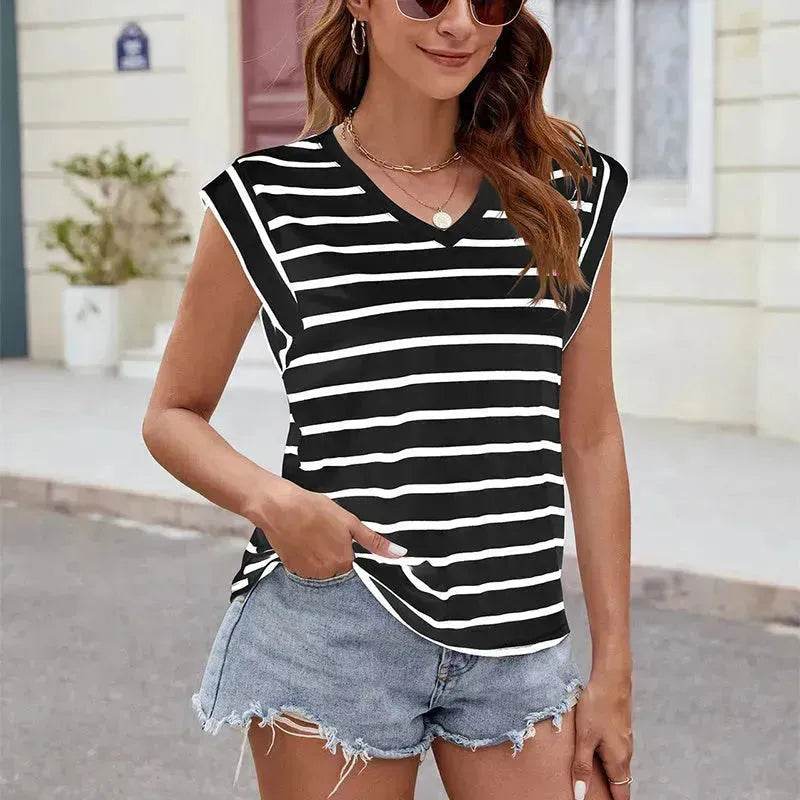 T-shirt à manches courtes et col en V imprimé rayures tendance, haut décontracté ample d'été pour femme