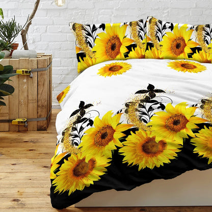 Parure de lit 3 pièces imprimé tournesol noir et blanc Housse de couette et taies d'oreiller Fleur jaune Parure de lit en polyester pour adultes Décoration de chambre à coucher Taille Twin Full Queen King