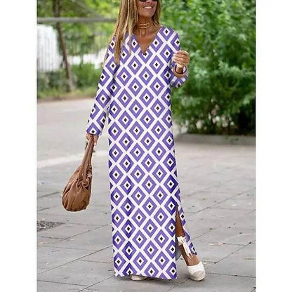 Summer Geometric Printed V-neck Long Dress Fashion Long Sleeve Slit Dresses For Women