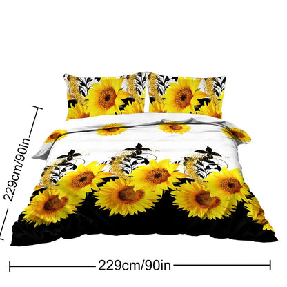 Parure de lit 3 pièces imprimé tournesol noir et blanc Housse de couette et taies d'oreiller Fleur jaune Parure de lit en polyester pour adultes Décoration de chambre à coucher Taille Twin Full Queen King