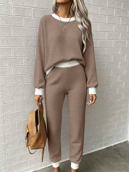 Women’s Waffle-Weave Sweatshirt & Pants Set – Casual Drawstring Crew-Neck Long-Sleeve Loungewear