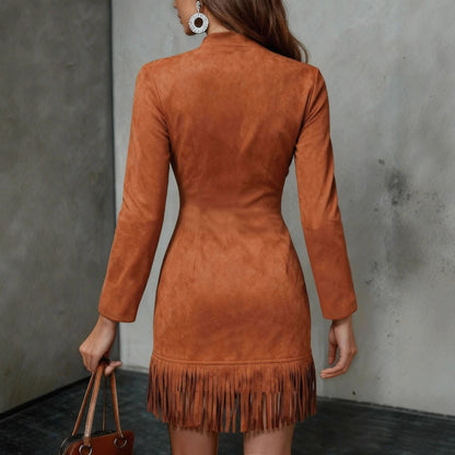 Western Cowboy-Style Suede Fringe Bodycon Mini Dress with Long Sleeves