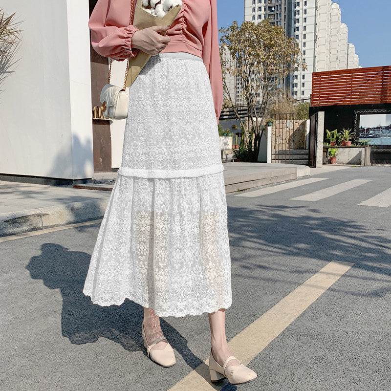 Spring Summer Women High waist Lace Midi Skirt