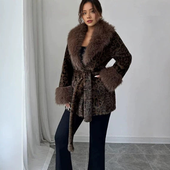 Faux Fur Leopard-Print Mink-Style Padded Long Coat