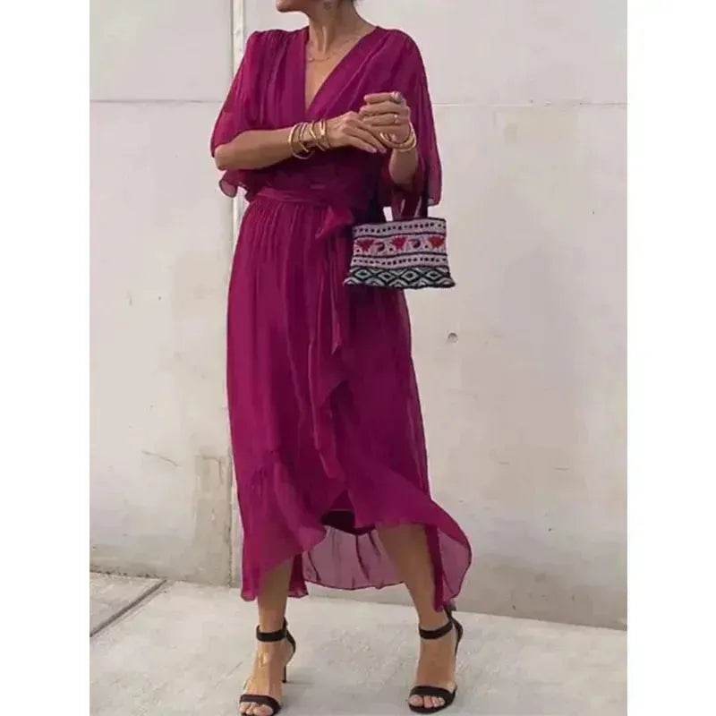 Batwing Sleeve V-neck Dress Summer Pure Color Tied Irregular Wrap Midi Dresses for Women