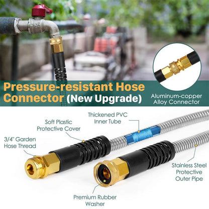 Metal Garden Hose, 100ft Stainless Steel Flexible Water Hose With 10 Adjustable Patterns Spray Nozzle, Heavy Duty Water Pipe , Kink Free , 2 Nozzles