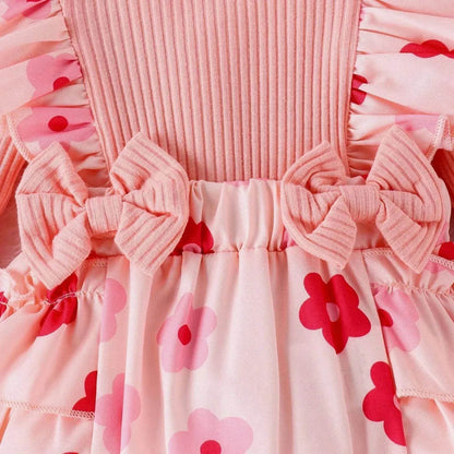 One-piece Romper Pants Bow Headdress Suit Baby girl casual pink romper with head bowtie