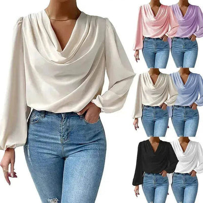Casual Evening Top for Women Long-sleeved Shirt Loose V-neck chiffon blouse Top women