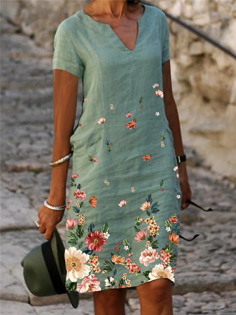 Women's Floral Print V-Neck A-Line Midi Dress – Short-Sleeve Casual Summer Dress