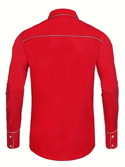 Western Cowboy Chic Long Sleeve Embroidered Shirt - Soft Cotton Blend, Elegant Design, Casual Style for Spring Fall Vacation Resort Wear - Men's Shirt for Outdoor Activities, Travel, and Leisure