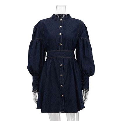 Classy Fashion Lantern Sleeve Button down Denim Shirt flared Mini Dress