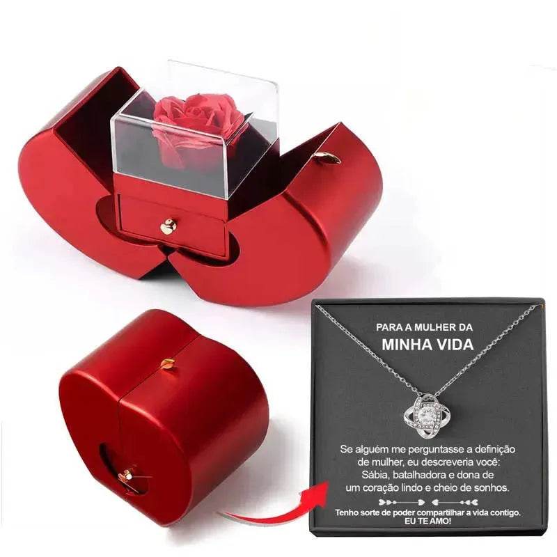 Boîte à bijoux de mode pomme rouge cadeau de Noël collier Rose éternelle pour fille fête des mères Saint Valentin cadeaux avec fleur artificielle Rose fleur boîte à bijoux