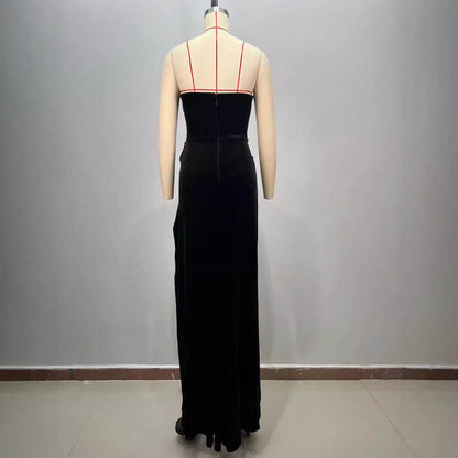 Women's Black Bandeau Slim-fit Drilling Slit Cocktail Evening Dinner Dress