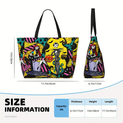 UME Disney Nightmare Before Christmas Jack & Sally Tote Bag - Large Capacity, Durable Polyester Shoulder Bag for Travel, Work, Shopping - Perfect Halloween & Christmas Gift