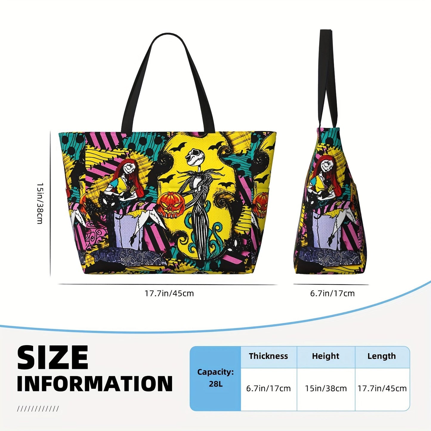 UME Disney Nightmare Before Christmas Jack & Sally Tote Bag - Large Capacity, Durable Polyester Shoulder Bag for Travel, Work, Shopping - Perfect Halloween & Christmas Gift