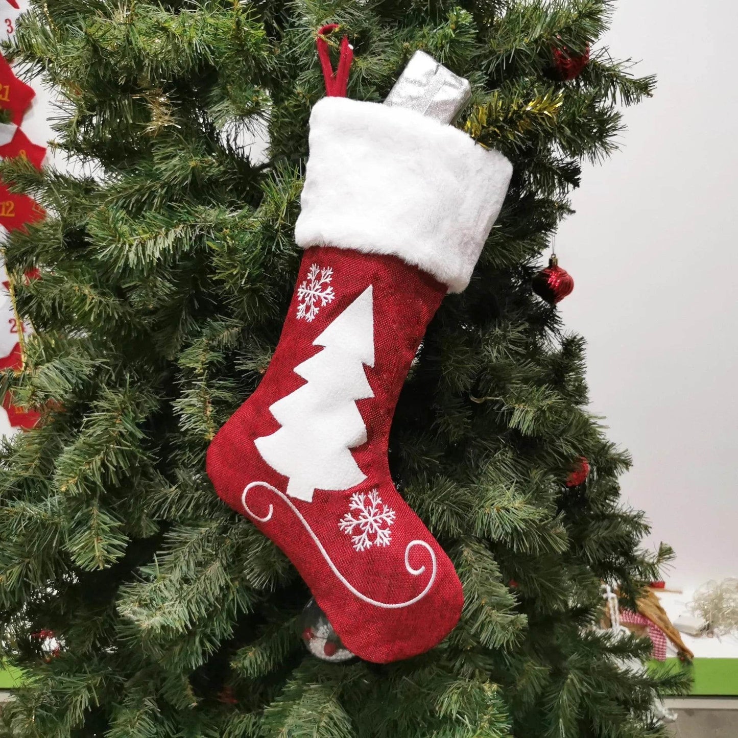 Christmas Stockings Gift Bag Red Hemp Elk Embroidery Christmas Stockings Gift Pendant