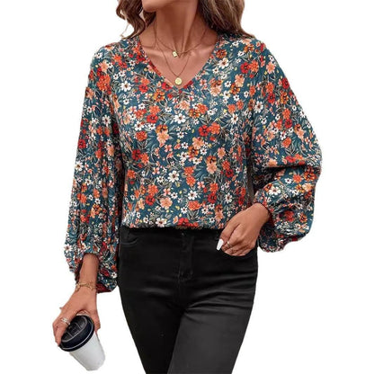 Women's V-neck Lantern Long Sleeve Shirt Autumn casual blouse top