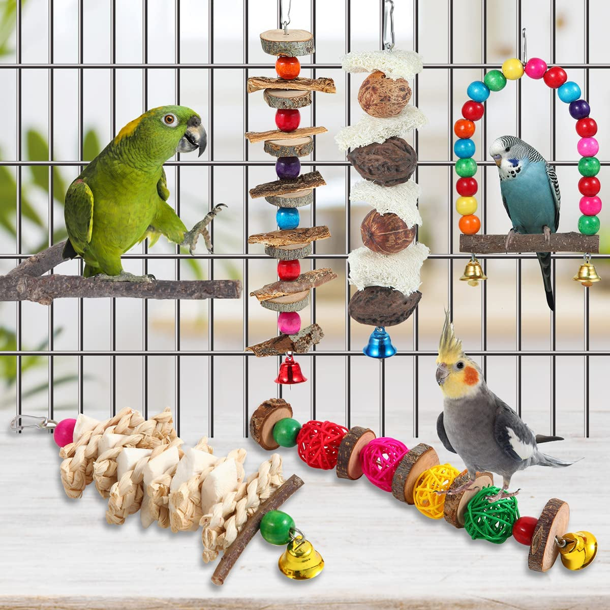 Jouets pour oiseaux, perchoir et jouets à mâcher en bois pour perruches, calopsittes, conures, inséparables, touïs, perruches ondulées, pinsons et autres oiseaux de petite et moyenne taille