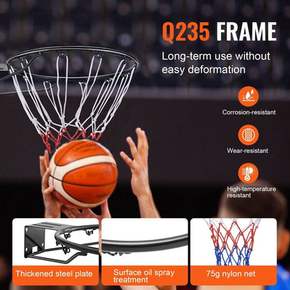 Cercle de basket-ball, panier de basket-ball mural/à accrocher à la porte, remplacement de but de basket-ball robuste Q235 avec filet et double ressort, panier standard de 45 cm pour intérieur et extérieur pour enfants et adultes