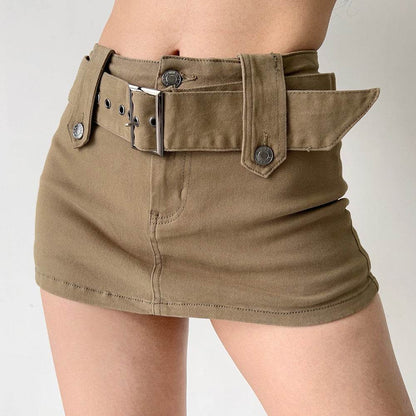 American Retro Wide Waistband Denim Mini Skirt with Belt