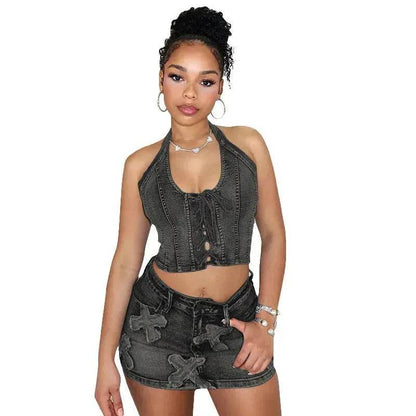 Chic Denim 2 piece Denim Skirt set Jean 2 piece set for Women Sleeveless crop top and Skirt