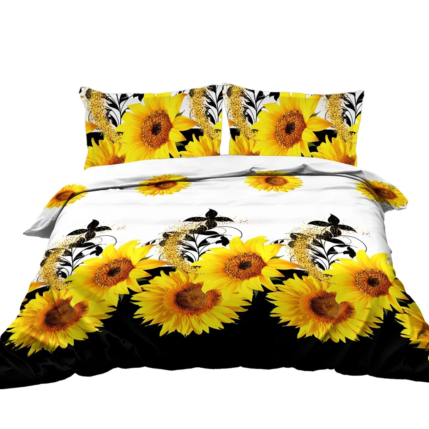 Parure de lit 3 pièces imprimé tournesol noir et blanc Housse de couette et taies d'oreiller Fleur jaune Parure de lit en polyester pour adultes Décoration de chambre à coucher Taille Twin Full Queen King