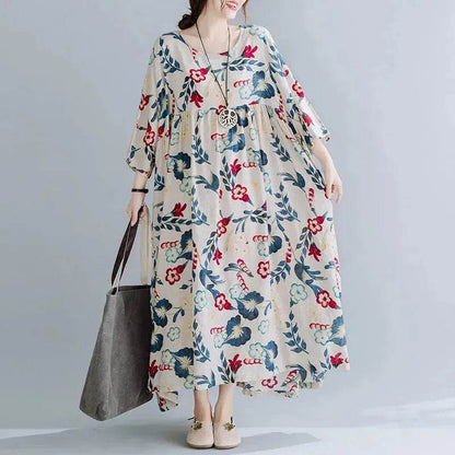 Plus Size Loose Panel Cotton Linen Print Short Sleeve Mum Maxi Dress