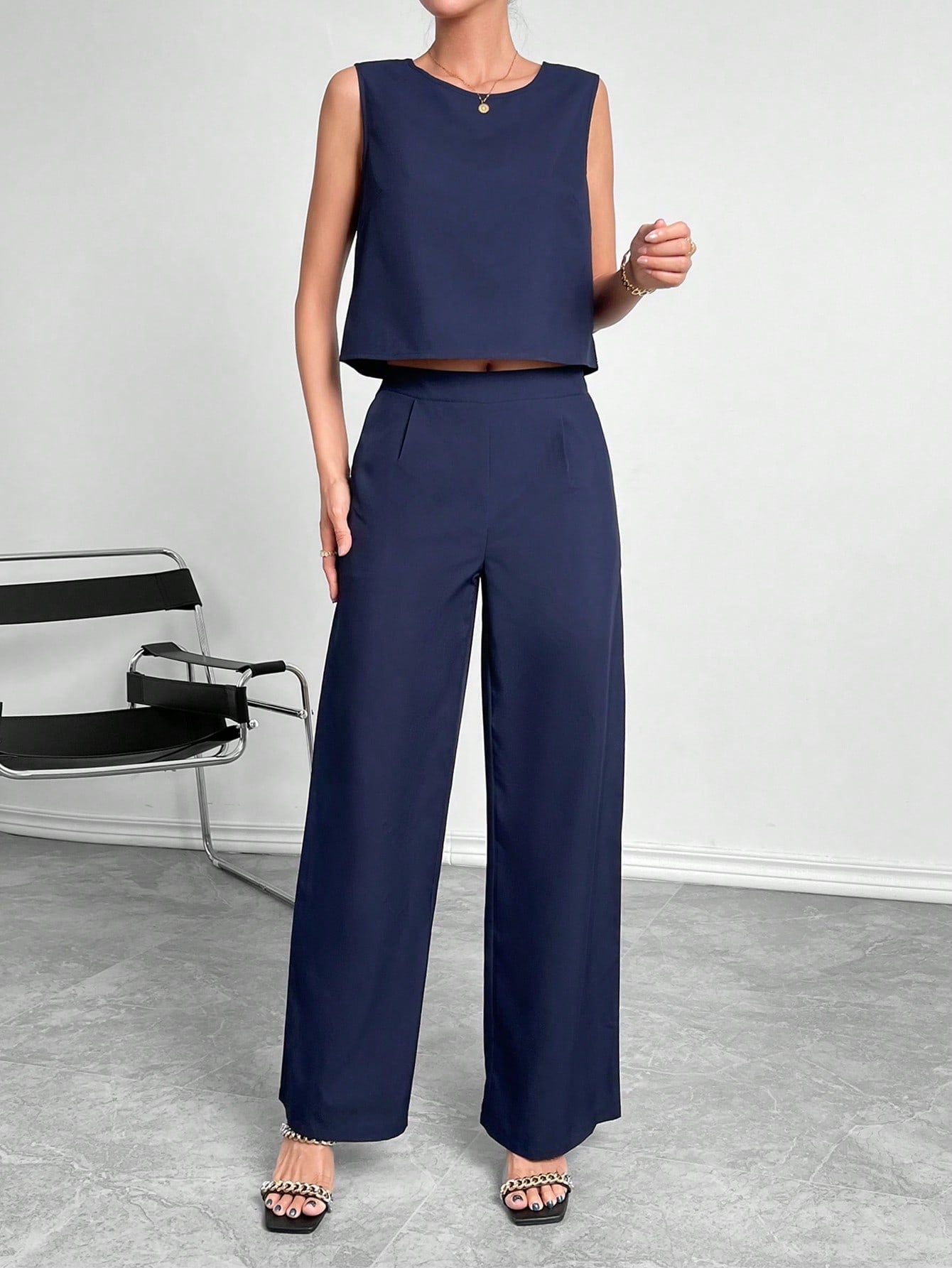 Women's Sleeveless Round Neck Crop Top & Wide Leg Pants Two-Piece Set – Casual Solid Color Office Wear Outfit