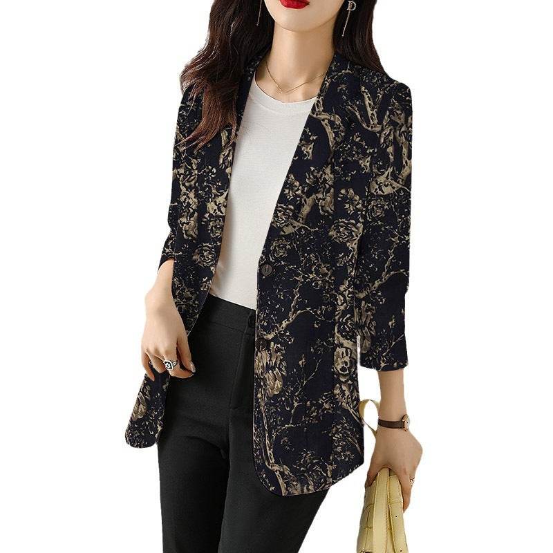 Women's Button Printed Long-sleeved Pocket Vintage Cotton And Linen jacket Blazer