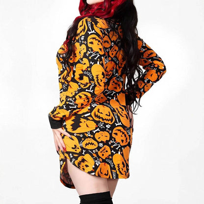 Halloween Printed Round Neck Long Sleeve Plus Size Dress