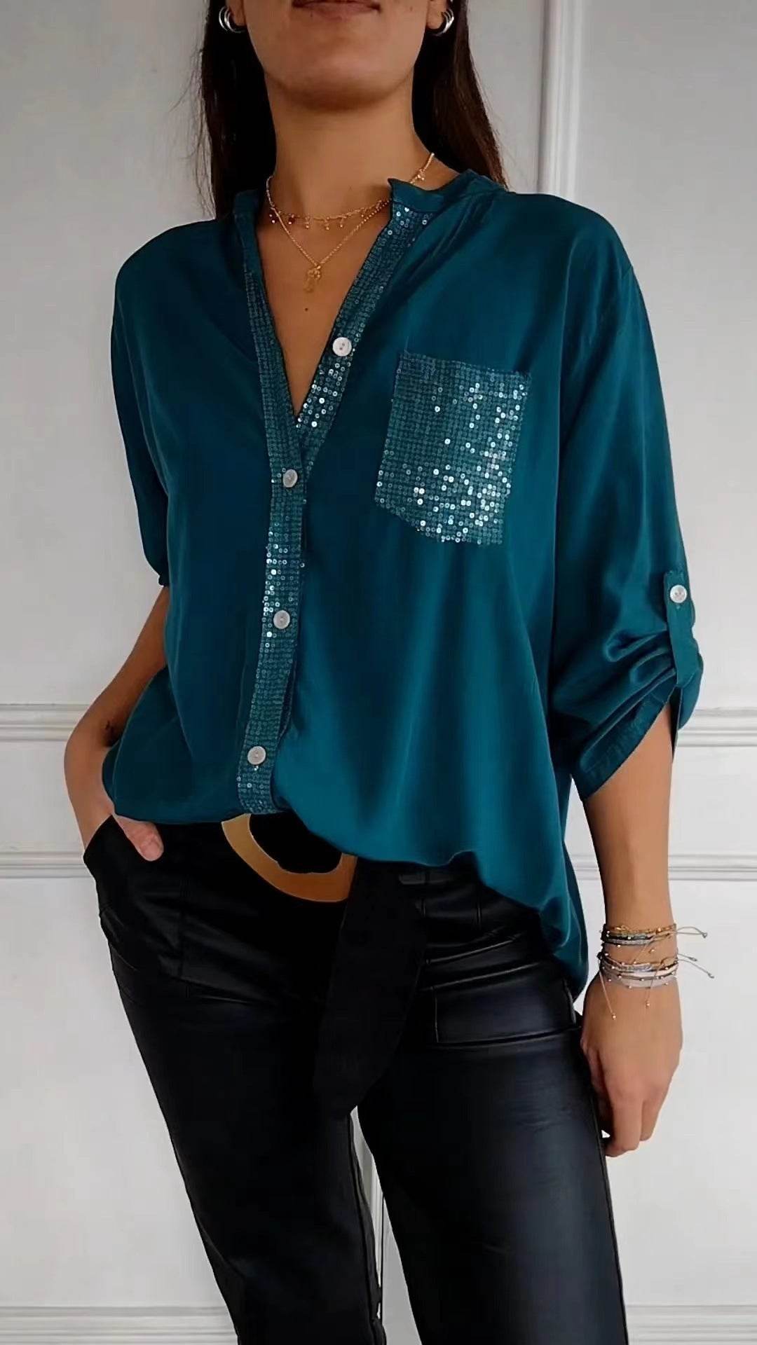 Chemisier décontracté à manches longues avec poche à sequins, haut tendance pour femmes