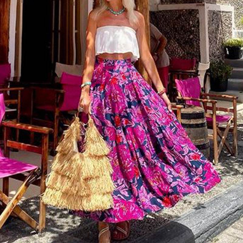 Jupe longue cercle bohème taille haute fleurie imprimée tendance printemps-été