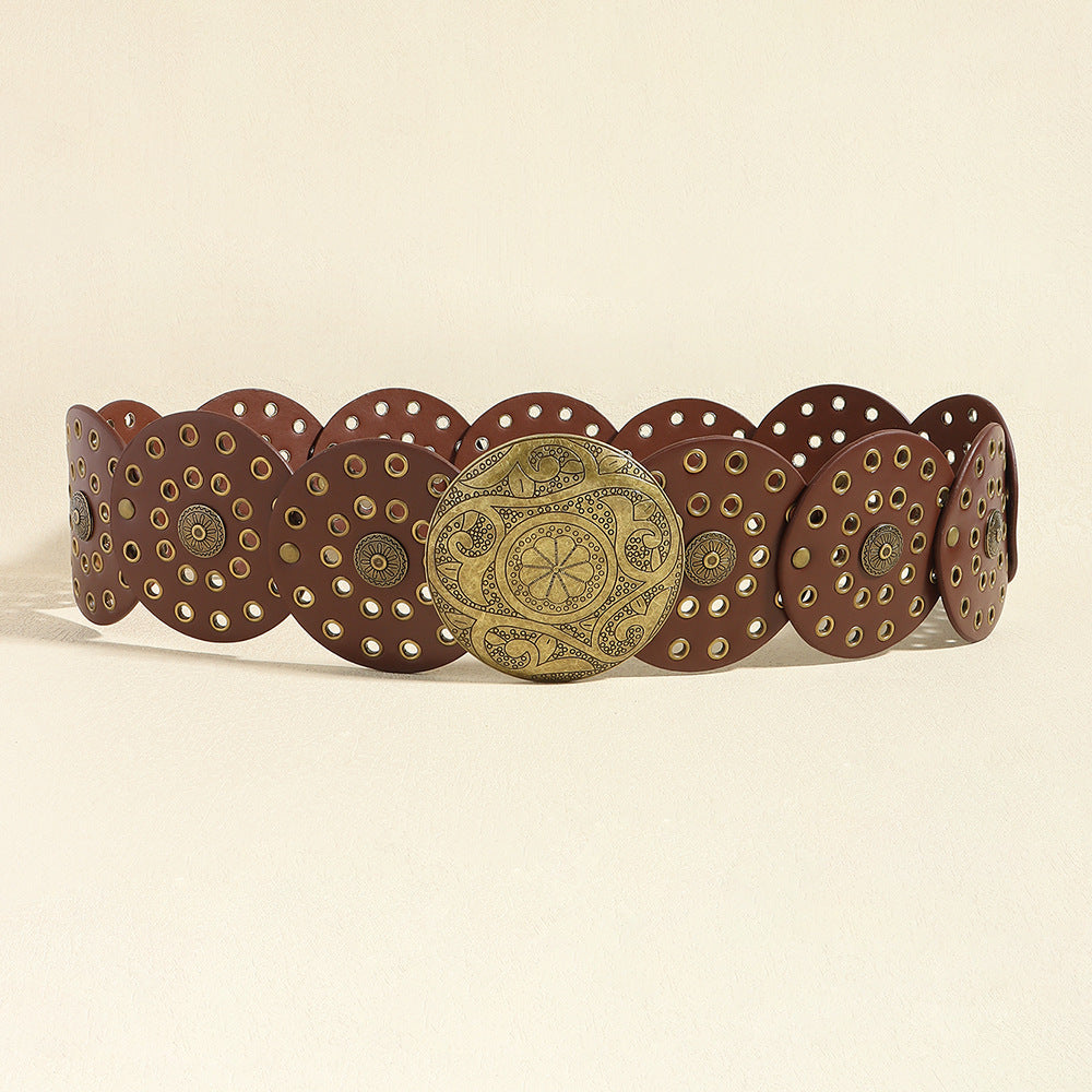 Ceinture large de cowboy occidental avec rivets dorés, en cuir PU, style Steampunk, avec grande boucle ronde vintage pour femme.