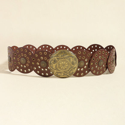 Ceinture large de cowboy occidental avec rivets dorés, en cuir PU, style Steampunk, avec grande boucle ronde vintage pour femme.