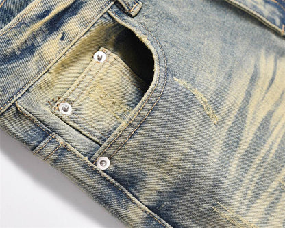 Distressed Scratches Denim Straight-leg Pants Men Jeans