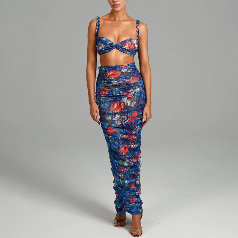 Elegant Women's Two Piece Dress Set – Printed Sleeveless Top with Pleated Maxi Skirt
